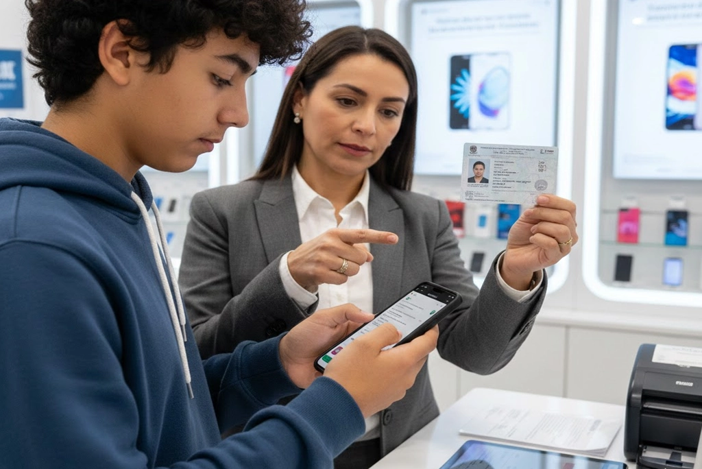 Joven adolescente usando un teléfono celular mientras un adulto muestra una identificación oficial, ilustrando el proceso de registro celular de menores de edad en el Padrón Nacional de Telefonía.