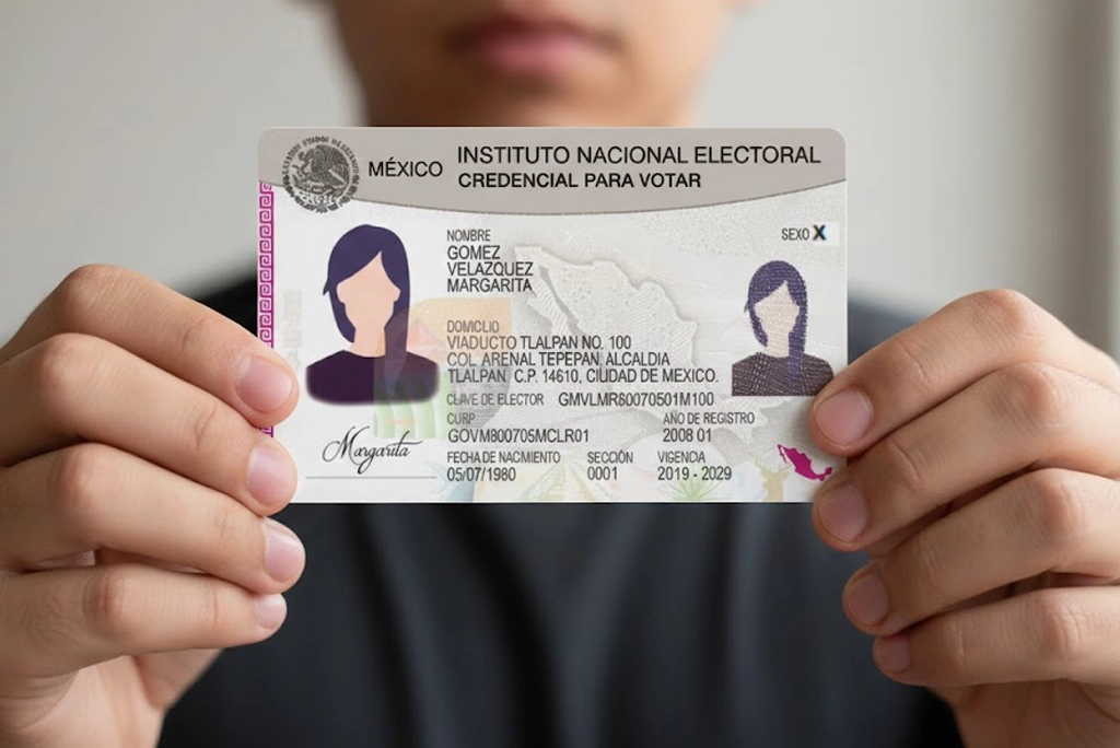 Joven sosteniendo una credencial de elector (INE), donde se muestra el reconocimiento de identidad no binaria con la letra X en el apartado de sexo.