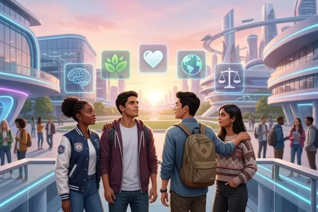 Grupo de estudiantes diversos mirando hacia un horizonte futurista con símbolos de inteligencia artificial, planeta Tierra y conexiones humanas, representando las competencias y habilidades del futuro 2030.