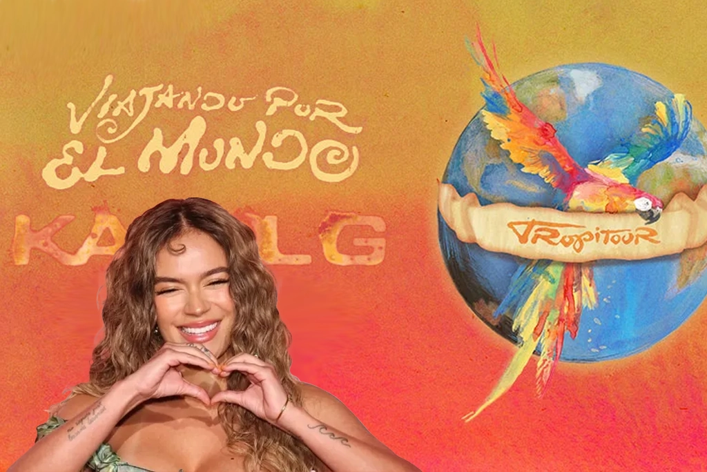 Karol G en prime plano con fondo de su publicación sobre su nuevo tour de conciertos en Latinoamérica y EEUU