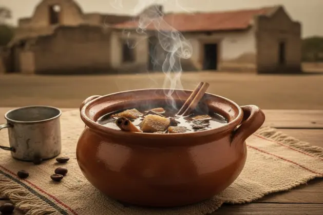 Fotografía que ilustra la historia del café de olla: una olla de barro humeante con café, canela y piloncillo sobre un fondo rústico.