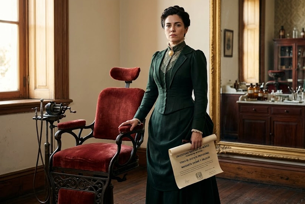 Retrato realista de Margarita Chorné y Salazar, primera mujer profesionista de México, ataviada con vestido victoriano oscuro, de pie junto a un sillón dental antiguo de terciopelo rojo, sosteniendo un diploma enrollado con mirada seria y desafiante. Fondo de consultorio con espejo dorado.