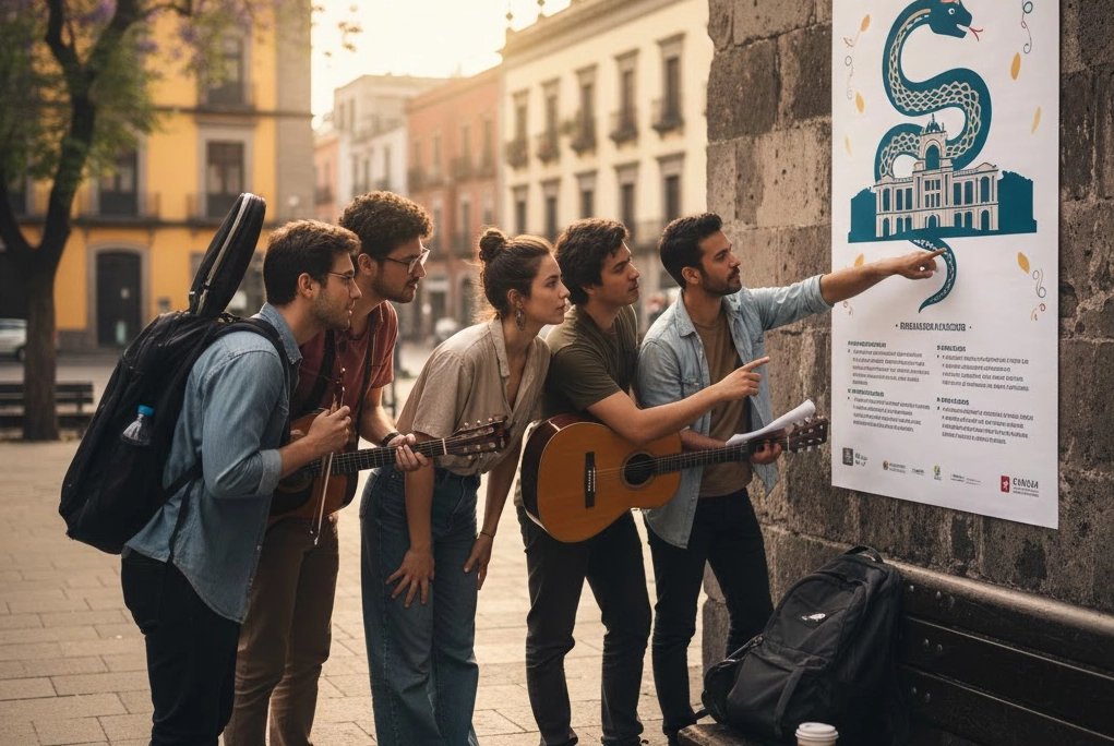 grupo diverso de artistas (músicos, bailarines, actores) consultado la convocatoria fde financiamiento cultural para proyectos artísticos en la Ciudad de México.