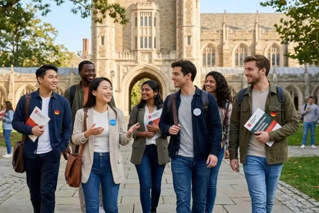 Jóvenes estudiantes internacionales de diversas culturas sonriendo y caminando juntos en el campus de una universidad europea, con un edificio histórico al fondo, simbolizando las oportunidades de las convocatorias internacionales de posgrado.