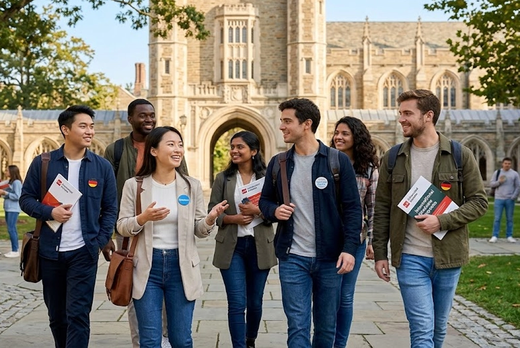 Jóvenes estudiantes internacionales de diversas culturas sonriendo y caminando juntos en el campus de una universidad europea, con un edificio histórico al fondo, simbolizando las oportunidades de las convocatorias internacionales de posgrado.