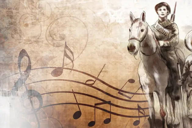 Ilustración de uh hombre armado sobre caballo y de fondo notas musicales, representando a los tradicionales corridos mexicanos