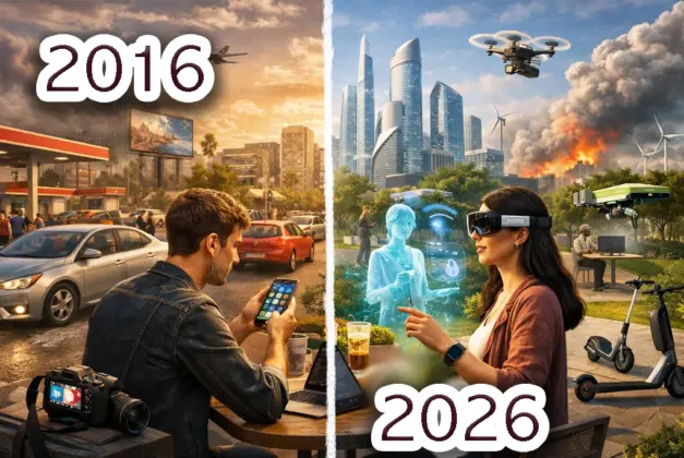 Ilustración comparativa que muestra los cambios en 10 años entre 2016 y 2026, representando tecnología, redes sociales y vida urbana.