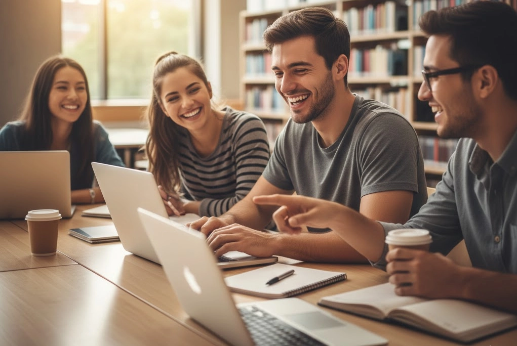Joven universitario sonriente mientras trabaja en su laptop y colabora con compañeros, representando la experiencia positiva del servicio social universitario.