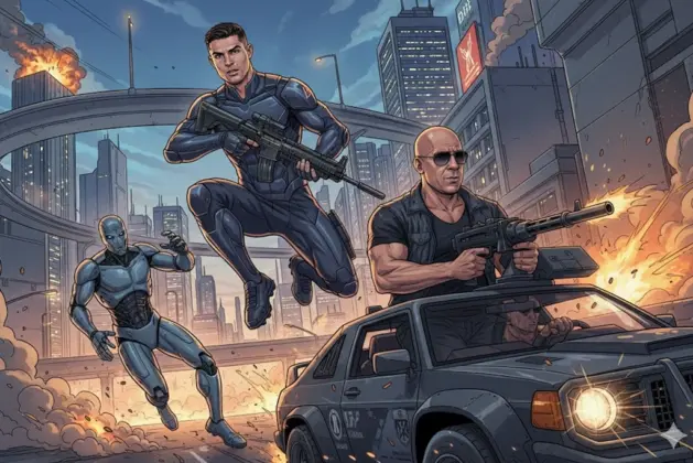 ilustración de Cristiano Ronaldo y Vin Diesel en un escenario de acción, representando el crossover de deportistas en películas de Hollywood