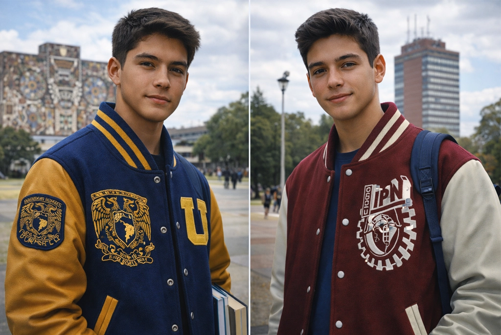 Jóvenes con chamarras universitarias vintage de lana y cuero