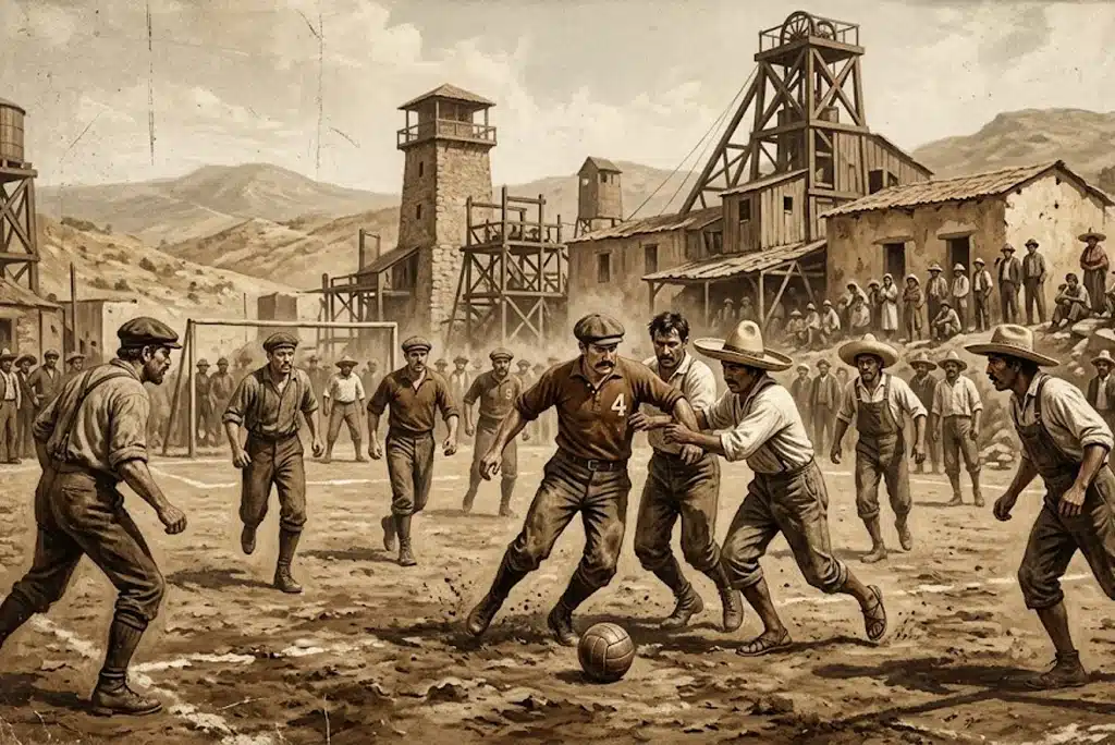 primer partido de futbol en México en 1889. Escena en el patio de una mina en Real del Monte, Hidalgo. Mineros.