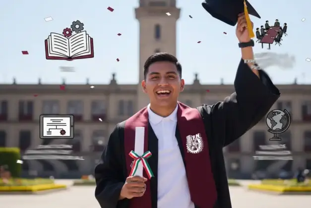 Joven estudiante del IPN sonriendo mientras sostiene un birrete y un diploma, representando la culminación exitosa de su carrera y las diversas formas de titulación en el IPN.