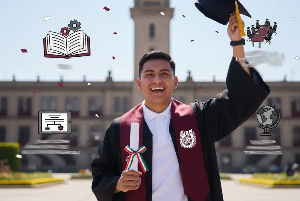 Joven estudiante del IPN sonriendo mientras sostiene un birrete y un diploma, representando la culminación exitosa de su carrera y las diversas formas de titulación en el IPN.