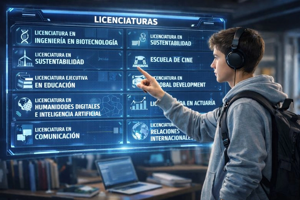 Joven estudiante explorando un holograma interactivo con las mejores carreras del año y las profesiones del futuro para 2026