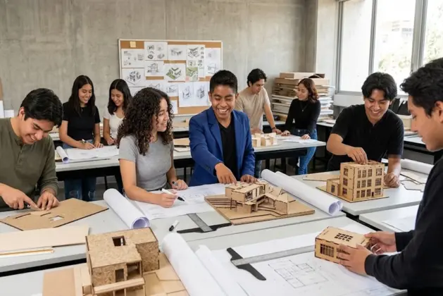 grupo de jovenes estudiantes de arquitectura en un salón de clases universitario