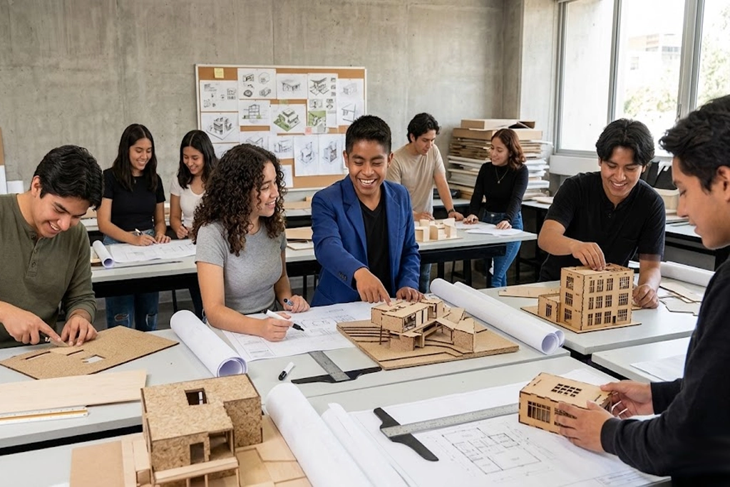 grupo de jovenes estudiantes de arquitectura en un salón de clases universitario