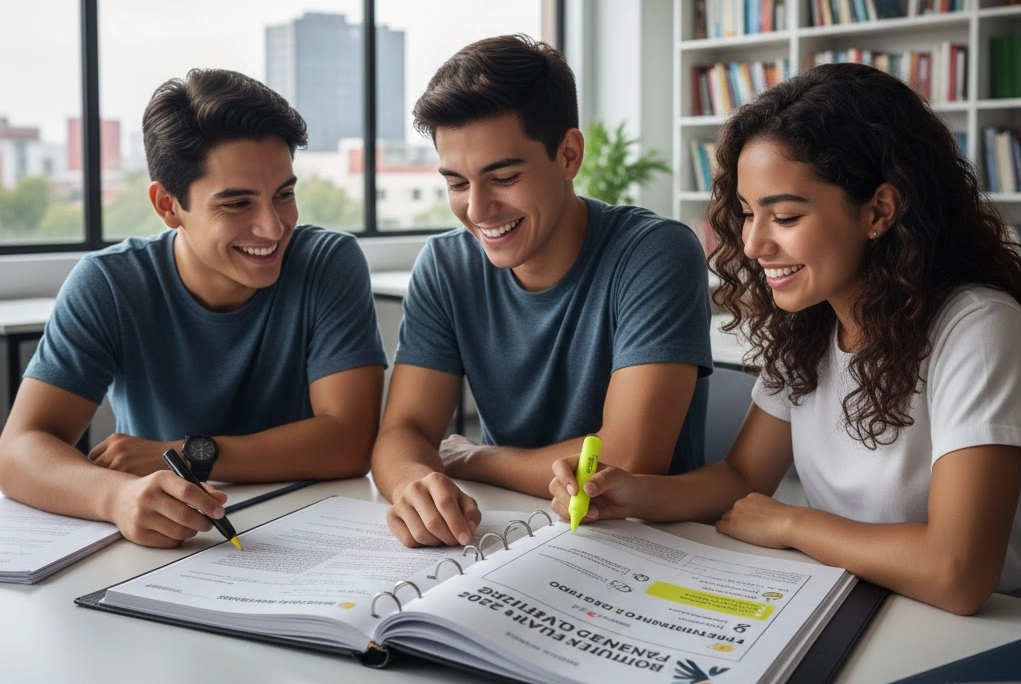 Estudiantes revisando un plan de estudios que destaca las nuevas materias del bachillerato 2026 en México, como Cultura Digital y Pensamiento Filosófico.