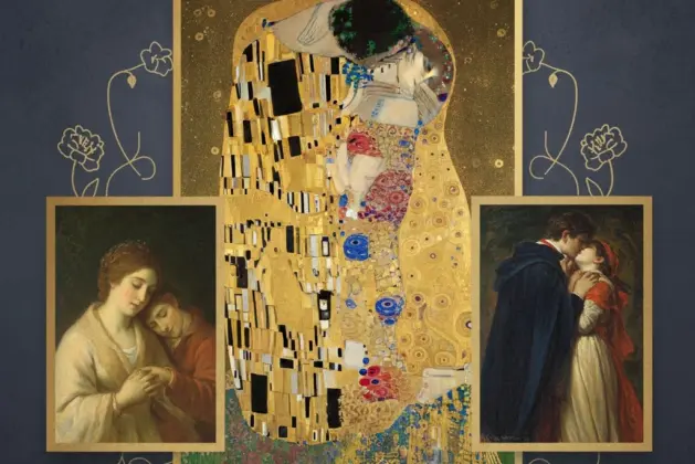 Collage o imagen destacada que muestra un detalle de 'El Beso' de Gustav Klimt junto a otras pinturas románticas famosas como 'La Novia Judía' de Rembrandt y 'El Último Beso' de Hayez, representando el tema del amor en la historia del arte