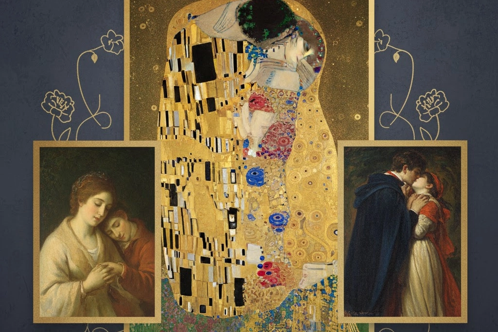 Collage o imagen destacada que muestra un detalle de 'El Beso' de Gustav Klimt junto a otras pinturas románticas famosas como 'La Novia Judía' de Rembrandt y 'El Último Beso' de Hayez, representando el tema del amor en la historia del arte
