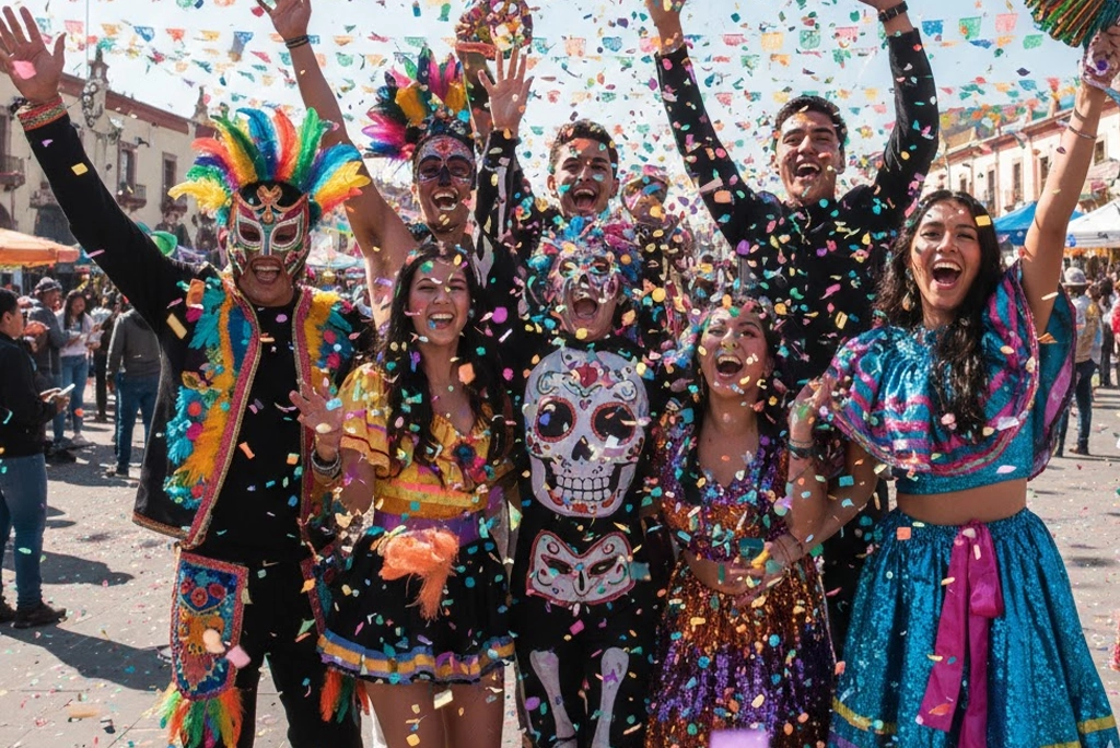 Grupo de jóvenes universitarios disfrutando el ambiente de los carnavales en México con disfraces coloridos y confeti.