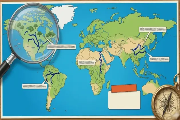 Imagen comparativa de los 5 ríos más grandes del mundo, mostrando el Amazonas, Nilo, Yangzi, Misisipi-Misuri y Río Amarillo con sus longitudes y ubicaciones destacadas sobre un mapa mundial estilo ilustración juvenil.
