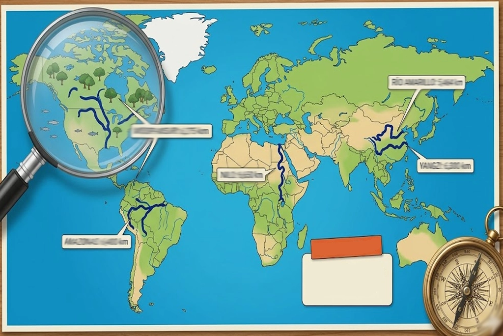 Imagen comparativa de los 5 ríos más grandes del mundo, mostrando el Amazonas, Nilo, Yangzi, Misisipi-Misuri y Río Amarillo con sus longitudes y ubicaciones destacadas sobre un mapa mundial estilo ilustración juvenil.