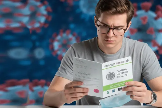 Joven revisando su cartilla de vacunación mientras sostiene un cubrebocas