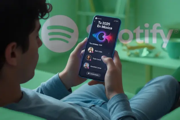 Joven utilizando el teléfono móvil para ver la pantalla de su resumen y fecha Spotify 2025, con la lista de sus artistas más escuchados.