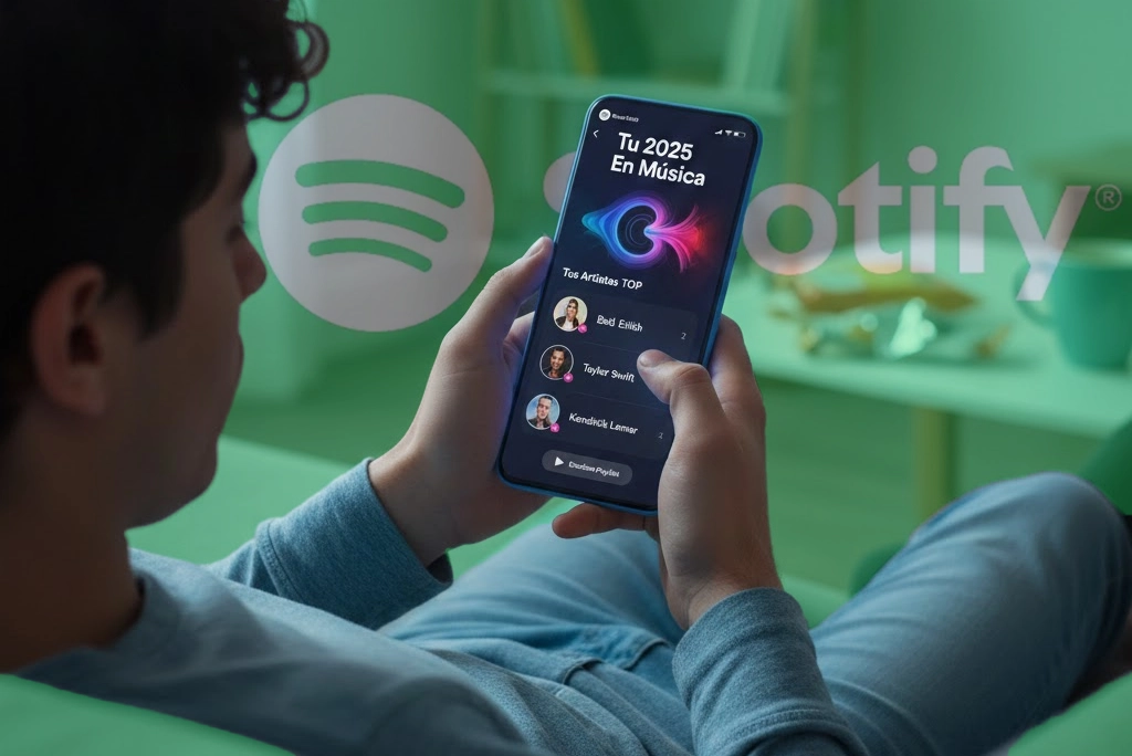 Joven utilizando el teléfono móvil para ver la pantalla de su resumen y fecha Spotify 2025, con la lista de sus artistas más escuchados.