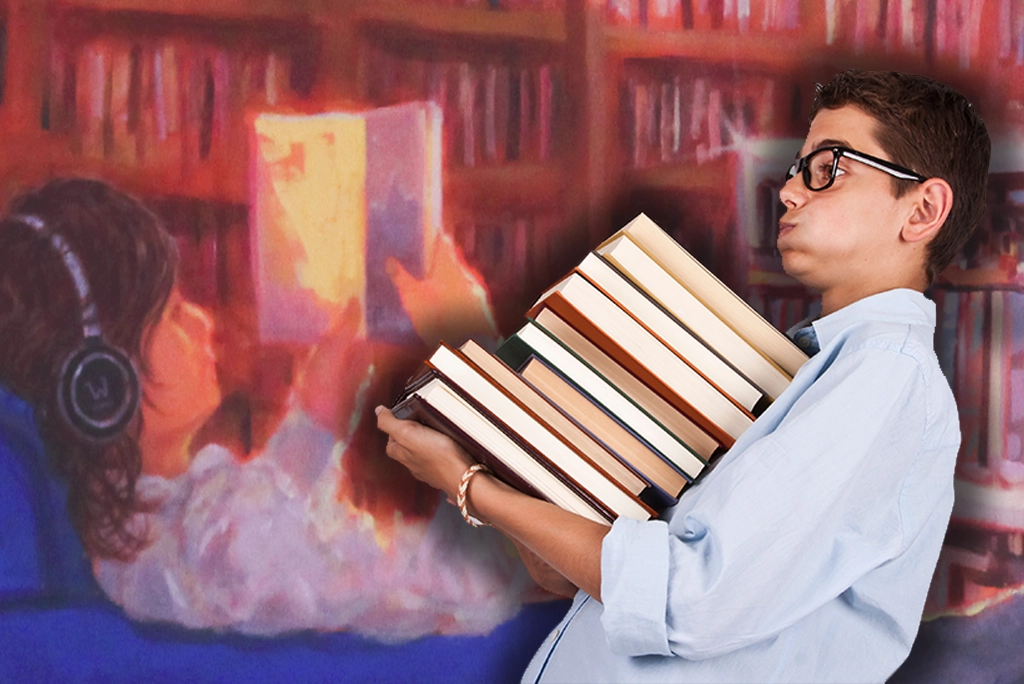 Joven con pila de libros de la feria del libro del palacio de mineria 46