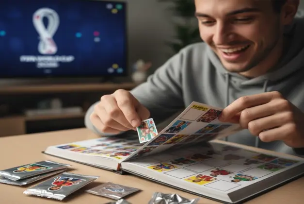 Joven hojeando el álbum Panini Mundial 2026 junto a sobres de estampillas sobre una mesa, mostrando anticipación por el coleccionable.