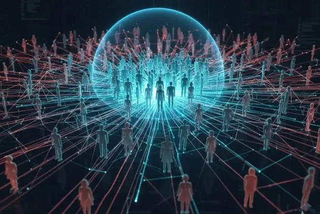 personas conectadas por líneas digitales que representa el límite de las relaciones sociales posibles según el número de Dunbar en la era de las redes sociales.