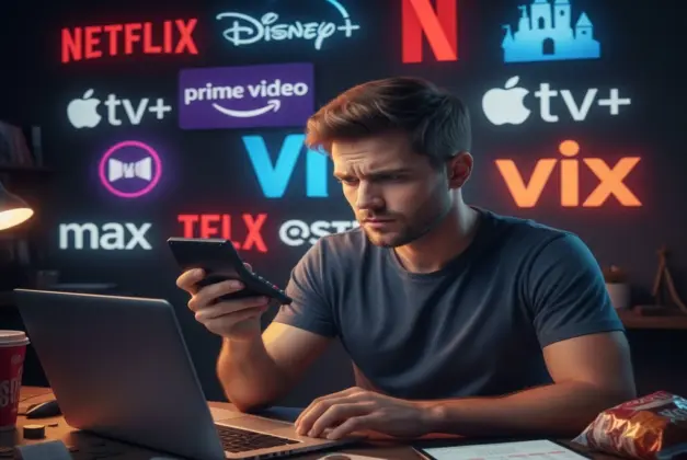 joven tratando de decidir o haciendo cuentas sobre lo que gasta con las plataformas streaming de fondo Collage con los logos de Netflix, Disney+, Prime Video, Max, Apple TV+ y Vix