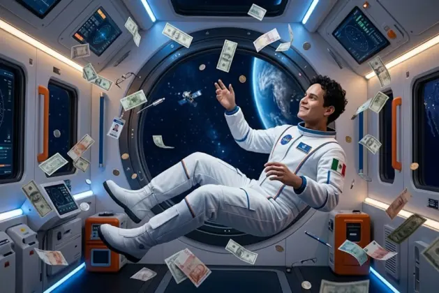 Crea una imagen moderna, realista, para un artículo titulado "Cuánto gana un astronauta". Muestra a un astronauta joven flotando en el espacio, con dinero flotando en la nave por falta de gravedad.