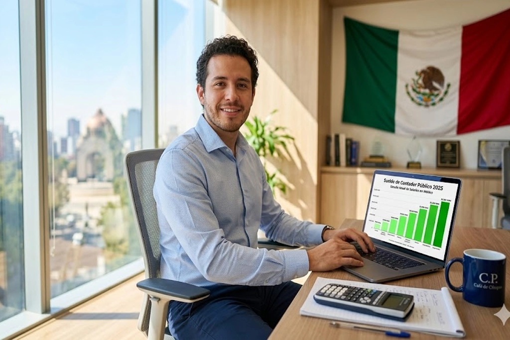 Joven contador público mexicano revisando estados financieros en laptop con calculadora y café, gráfico de sueldo de contador público en aumento sobre su escritorio moderno.