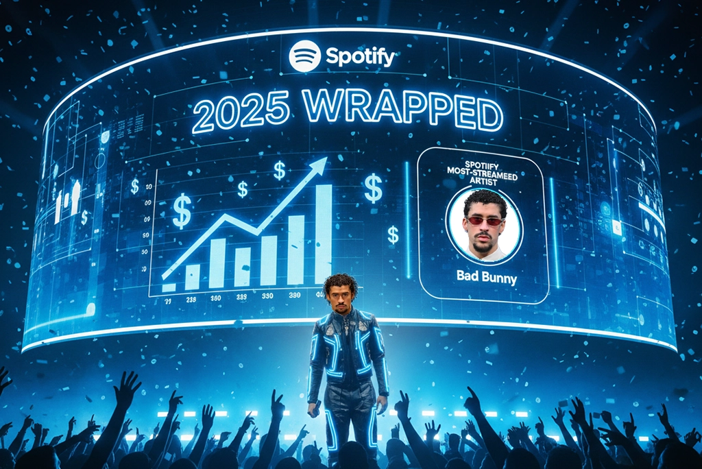 Bad Bunny sonriendo en un concierto o estudio, representando al artista más escuchado. Imagen sobre las ganancias de Bad Bunny en Spotify y su éxito en el Wrapped 2025.