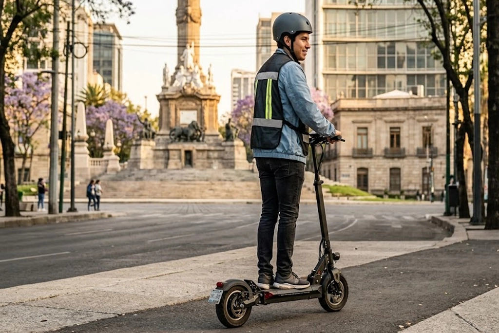 Joven conduciendo un scooter eléctrico con placas y licencia visibles sobre un carril derecho de la Ciudad de México, con el skyline de fondo y señal de tránsito de velocidad máxima 25 km/h.