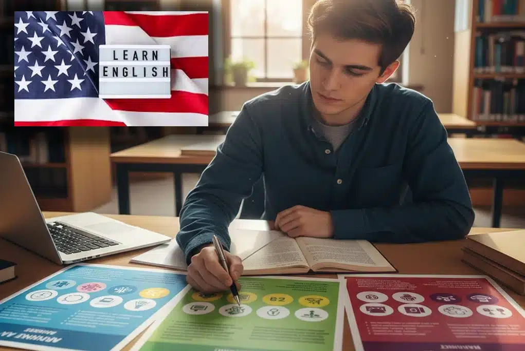 joven estudiante viendo esquemas de los diferentes niveles de inglés e del Marco Común Europeo, desde el nivel A1 (principiante) hasta el C2 (experto).