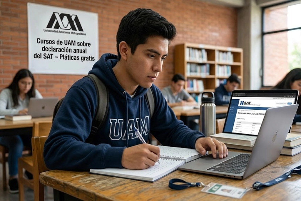 Joven universitario viendo una laptop con la pantalla del SAT abierta y el logo de la UAM de fondo, mientras toma notas.