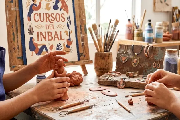 Jóvenes moldeando cerámica en taller artesanal, con herramientas de ebanistería y textiles detrás. Representación de los cursos del INBAL en la Escuela de Artesanías de México.