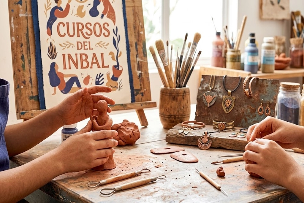 Jóvenes moldeando cerámica en taller artesanal, con herramientas de ebanistería y textiles detrás. Representación de los cursos del INBAL en la Escuela de Artesanías de México.