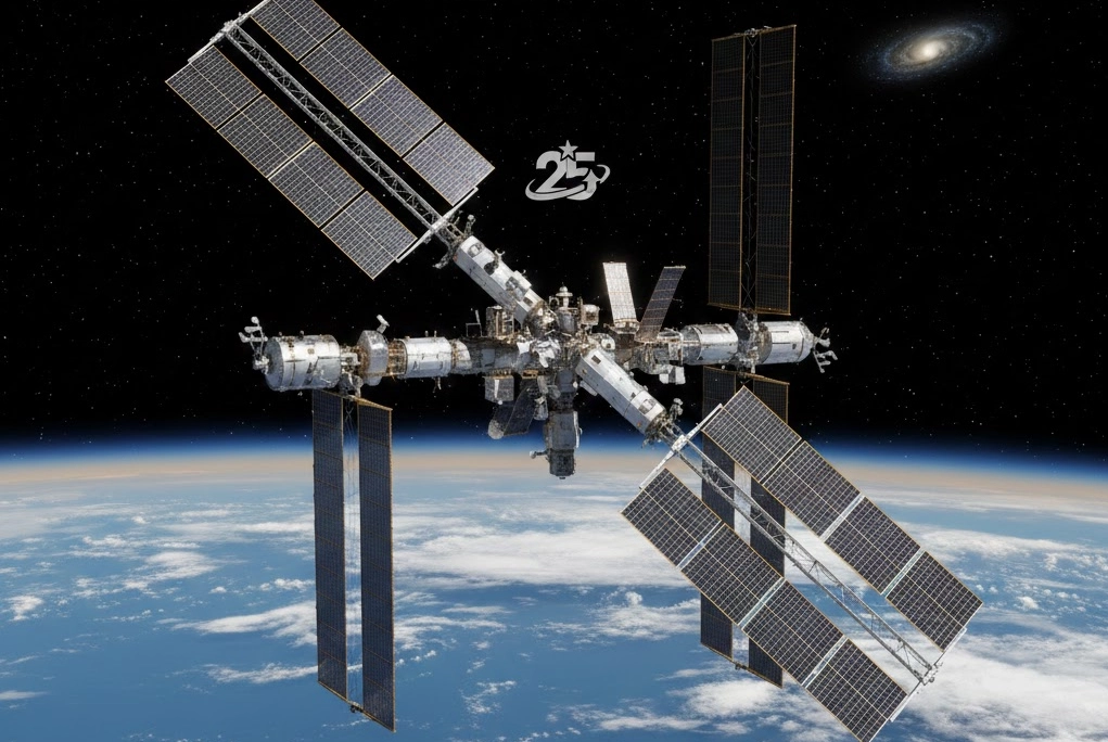 Vista exterior de la Estación Espacial Internacional orbitando la Tierra con sus paneles solares desplegados, celebrando 25 años en el espacio