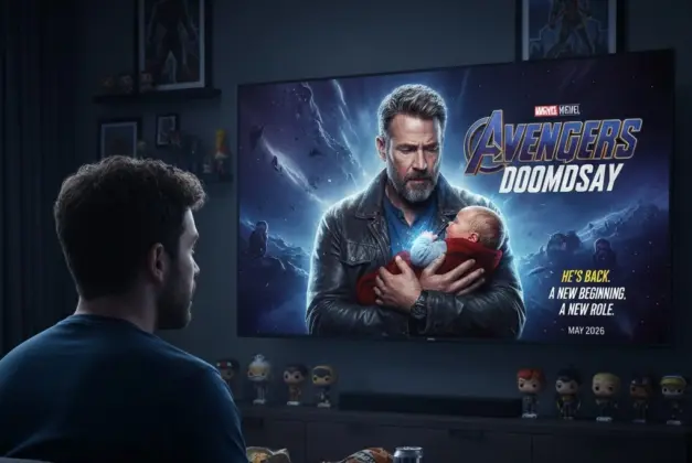 joven viendo el nuevo teaser de la película de avengers con la imagen de Steve Rogers cargando un bebé en Avengers: Doomsday revelando los primeros datos de Avengers Doomsday sobre su regreso y nuevo rol en el MCU.