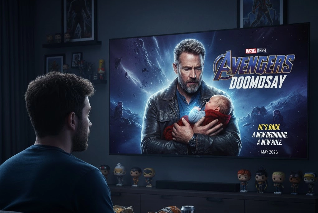 joven viendo el nuevo teaser de la película de avengers con la imagen de Steve Rogers cargando un bebé en Avengers: Doomsday revelando los primeros datos de Avengers Doomsday sobre su regreso y nuevo rol en el MCU.
