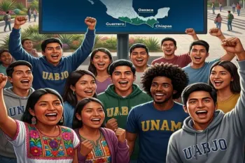 Grupo diverso de jóvenes estudiantes latinos celebrando frente a una pantalla gigante que muestra el texto 
