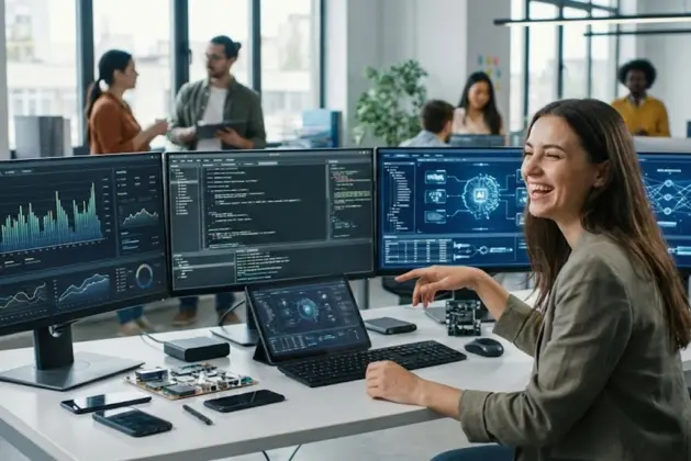 Joven profesional sonriente trabajando en múltiples pantallas con gráficos de tecnología e innovación, representando la dinámica carrera en Innovación en Tecnologías de la Información.