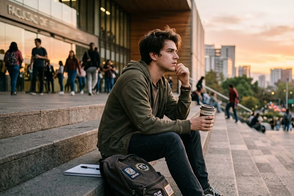 Fotografía de estilo cinematográfico y juvenil de un estudiante de unos 20 años sentado en las escaleras de una universidad moderna, sosteniendo un café y mirando al horizonte con expresión pensativa pero con un poco de ansiedad. Luz de atardecer, profundidad de campo suave, colores vibrantes pero naturales. Estética tipo "lifestyle" universitario.