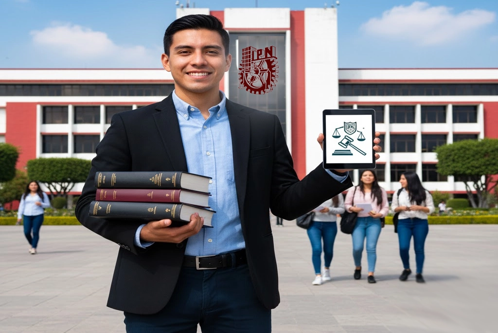 Estudiante sonriente sosteniendo libros de leyes y una tablet frente al emblemático edificio del Instituto Politécnico Nacional, representando la nueva licenciatura de Derecho en el IPN.