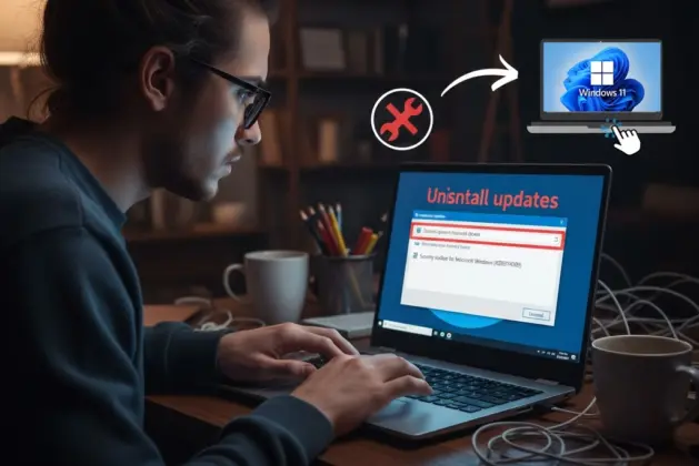 Joven desinstalando una actualización problemática de Windows 11 en su laptop, guía visual para solucionar el error KB5074109.