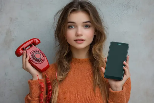 Joven reflexionando sobre el Día de la Juventud mientras tiene en cada mano un teléfono de épocas contradictorias, simbolizando el paso del tiempo.